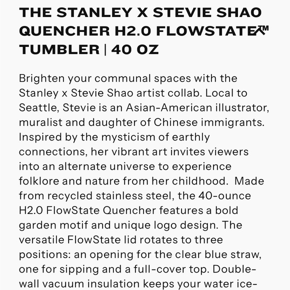 New in box Stevie Shao Stanley 40 oz quencher h20 flowstate - Picture 3 of 3